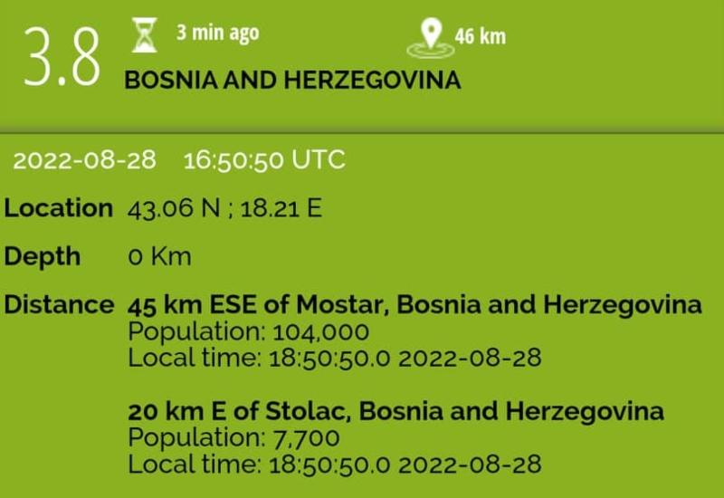 Potres jačine 3,8 stupnjeva zatresao Hercegovinu 